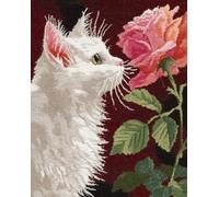 Wallphantom Latch Hook Rug Kit,Un chat blanc renifle une rose,Printed Canvas Rug Latch Hook Kits,DIY Home Decor,Handmade Needlework Crafts for Adults Beginners,60x90cm