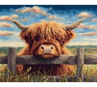 Wallphantom Latch Hook Rug Kits for Adults Beginners,Vaches des Highlands couchées sur la clôture,DIY with Printed Canvas Crochet Yarn Handmade Embroidery Crafts Crochet for Home Decoration,52x38cm