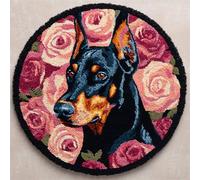 Wallphantom Latch Hook Rug Kits for Adults Kids Beginners,Doberman Pinscher et Roses,Printed Crochet Non-Slip Mat,Rug Crochet Yarn Kit for Home Sofa Decoration,50x50cm