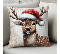 Wallphantom Noël Kit Coussin Point de Croix,Cerf avec un chapeau de Père Noël,Coussin à Broder Artisanal,45x45cm Points De Croix Pour Adultes,Coussin avec Fil et Aiguille à Broder