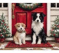 Wallphantom Noël Kit de Tapis à Crochet à Nouer Bricolage,Chat et chien devant la porte,Kit de Fabrication de Tapis pour Adultes Enfants,Point de Croix Décoration de La Maison,55x75cm