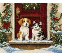 Wallphantom Noël Latch Hook Rug Kits for Adults Kids Beginners,Chat et chien devant la porte,Printed Crochet Non-Slip Mat,Rug Crochet Yarn Kit for Home Sofa Decoration,80x115cm