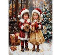 Wallphantom Noël Peinture par Numéro pour Adulte,Deux enfants et des cadeaux,Kit de Peinture à l'huile sur Toile Bricolage pour Débutants Avec Pinceau Pigment Acrylique,40x50cm sans Cadre