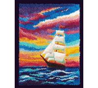 Wallphantom paysage de coucher de soleil Kit de Tapis de Crochet à Point Noué,voilier de mer,Coussin au Crochets à Loquet Bricolage,Modèle de couleur pré-imprimé,artisanat créatif Cadeaux,52x38cm