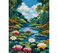 Wallphantom Paysage d'été Kit de Tapis de Crochet à Point Noué,Étang aux lotus,Coussin au Crochets à Loquet Bricolage,Modèle de couleur pré-imprimé,artisanat créatif Cadeaux,55x75cm