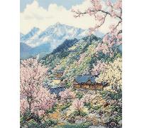 Wallphantom Paysage japonais Point de Croix Kit Complet Estampé,Parc à la montagne,DIY Cross Stitch Embroidery Starter Kit,Canevas Point de Croix Broderie Kit Complet,40x50cm