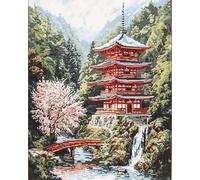 Wallphantom Paysage japonais Point de Croix Kit Complet Estampé,Pavillon du parc Sakura,Gamme Complète de kits de Démarrage de Broderie pour Débutants DIY canevas broderie,40x50cm