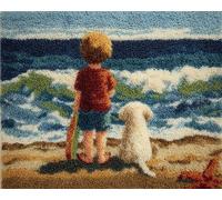 Wallphantom paysage Kit de Tapis de Crochet à Point,garçon et chien à la plage,Noué di Coussin au Crochets à Loquet Bricolage,tapis noeud,artisanat créatif décoration d'intérieur,60x90cm