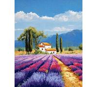 Wallphantom Paysage rural Kit de Tapis Crochet à Nouer DIY pour Adultes et Enfants,Fleurs de lavande et chalet,Point de Croix,Fabrication de Tapis,Décoration de La Maison Cadeaux,55x75cm