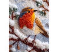 Wallphantom Scène de forêt enneigée Loquet Crochet Kits,Rouge-gorge sur une branche,Tapis Broderie Point De Croix Canapé Coussin,Tapis à Point Noué Bricolage Décoration Intérieure,60x90cm