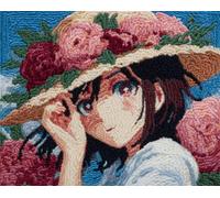 Wallphantom Tapis Kit Tricot Débutants,Fille portant un chapeau à fleurs,Diy Latch Hook Rug,Kit De Crochet Fabrication De Tapis Avec Toile Imprimée,Décoration de La Maison Cadeau,52x38cm