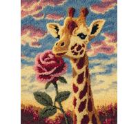 Wallphantom Tapis Kit Tricot Débutants,Girafe et fleurs,Diy Latch Hook Rug,Kit De Crochet Fabrication De Tapis Avec Toile Imprimée,Décoration de La Maison Cadeau,55x75cm