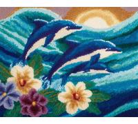Wallphantom Vue sur l'océan Kit de Tapis de Crochet à Point Noué,Famille de dauphins,Coussin au Crochets à Loquet Bricolage,Modèle de couleur pré-imprimé,artisanat créatif Cadeaux,60x90cm