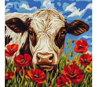 WallustrioaW animal broderie coussin point de croix kit complet,Vache parmi les fleurs rouges Kit Point de Croix DIY Loisir Créatif pour Adulte,45x45cm cadeau de décoration intérieure