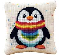 WallustrioaW animal Coussin Point de Croix,Pingouin portant une écharpe colorée,Coussin à Broder Fait Mai 45X45cm Coussin Brodé Décoration Point de Croix Complet Broderie DIY pour Adulte