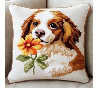 WallustrioaW animal DIY Coussin Point de Croix,Chiot mignon embrassant une fleur,Kit de coussin au point de croix estampé pour une décoration créative de la maison,point de croix 45x45cm