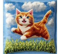 WallustrioaW animal DIY Coussin Point De Croix Kit,chaton sur l'herbe,Kits De Points De Croix Imprimés,Broderie Pour Adultes,Taie D'Oreiller Brodé À La Main,45x45cm