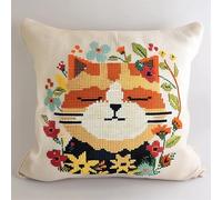 WallustrioaW animal Kit de coussin au point de croix,Chats et fleurs,Kit de point de croix,toile de tapisserie imprimée pour une décoration créative de la maison 45x45cm