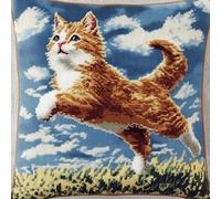 WallustrioaW animal Kit de Coussin avec Crochet à Loquet,Chaton sur l'herbe,Kits de Crochet pour Enfants Adultes Débutants,Kit Coussin au Point Noué,Housse de coussin à broder,43x43cm