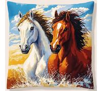 WallustrioaW animal Point De Croix Kit Coussin Complet Set,Chevaux courant sur la plage,Decoration Manuelle Broderie Kit Adulte Art Creatif Cadeau DIY Cross Stitch Embroidery,45x45cm