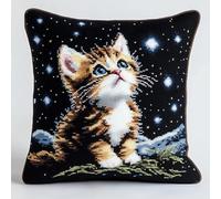 WallustrioaW animal point noué kit de taie d'oreiller à crochet,Chat sous les étoiles,Kit Coussin au Point Noué pour la Décoration D'oreillers et de Coussins,43x43cm