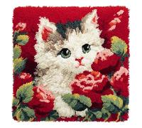 WallustrioaW animal point noué kit de taie d'oreiller à crochet,Fleurs et chats,Kit Coussin au Point Noué pour la Décoration D'oreillers et de Coussins,43x43cm