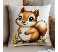 WallustrioaW animaux de dessins animés coussin point de croix kit complet,Un mignon petit écureuil,Kit de Broderie au Point de Croix Pré-imprimé,Taie d'oreiller,DIY Kit Loisir Créatif,45x45cm