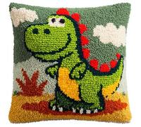 WallustrioaW animaux mignons Kit Coussin au Point Noué,Un petit dinosaure vert de dessin animé,Tapis Point Noué,Kits de Crochet de Verrouillage for Adultes Débutants Bricolage,43x43cm