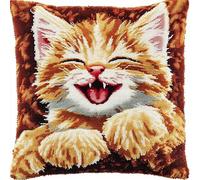 WallustrioaW animaux mignons Kits De Coussins Avec Crochet,Diy Crochet À La Main Kits,chat souriant,Kit Tapis Point Noué À Faire Pour Enfants Adultes Débutants,Artisanat Créatif,43x43cm