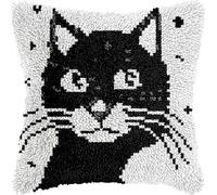 WallustrioaW chat animalier Kit de coussin avec crochet à loquet,joli chat noir,Kit de broderie pour débutants,adultes,Housse de coussin Pour décoration d'intérieur,43x43cm