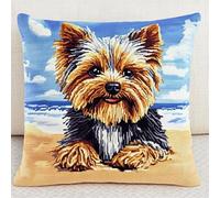 WallustrioaW Chien animal Kit de coussin au point de croix,Yorkshire terrier sur la plage,Kit de point de croix,toile de tapisserie imprimée pour une décoration créative de la maison 45x45cm