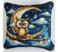 WallustrioaW Chouette et lune coussin point de croix kit complet,Scène de nuit de dessin animé,Kit de Broderie au Point de Croix Pré-imprimé,Taie d'oreiller,DIY Kit Loisir Créatif,45x45cm