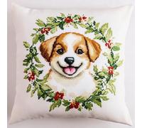 WallustrioaW couronne Kit de broderie au point de croix Coussin,Chiot animal,Point de Croix Kit Complet Adulte DIY Ensemble de Broderie pour Adultes Point de Croix 45x45cm