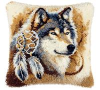 WallustrioaW Coussin Point de Croix Kit Coussin au Point Noué,animal loup,Kit avec Crochet à Loquet for Adultes,Bricolage Coffret cadeau créatif,43x43cm
