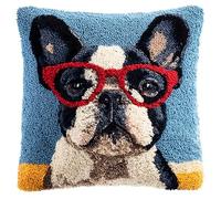 WallustrioaW Coussin Point de Croix Kit Coussin au Point Noué,Bouledogue portant des lunettes,Kit avec Crochet à Loquet for Adultes,Bricolage Coffret cadeau créatif,43x43cm