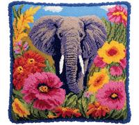 WallustrioaW Coussin Point de Croix Kit Coussin au Point Noué,Éléphant dans le jardin fleuri,Kit avec Crochet à Loquet for Adultes,Bricolage Coffret cadeau créatif,43x43cm