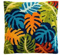 WallustrioaW Coussin Point de Croix Kit Coussin au Point Noué,feuilles de palmier tropicales,Kit avec Crochet à Loquet for Adultes,Bricolage Coffret cadeau créatif,43x43cm