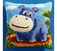 WallustrioaW Coussin Point de Croix Kit Coussin au Point Noué,Hippo de dessin animé,Kit avec Crochet à Loquet for Adultes,Bricolage Coffret cadeau créatif,43x43cm
