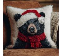 WallustrioaW Coussin Point de Croix Kit Coussin au Point Noué,Ours noir de Noël,Kit avec Crochet à Loquet for Adultes,Bricolage Coffret cadeau créatif,43x43cm