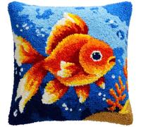 WallustrioaW Coussin Point de Croix Kit Coussin au Point Noué,poisson rouge,Kit avec Crochet à Loquet for Adultes,Bricolage Coffret cadeau créatif,43x43cm