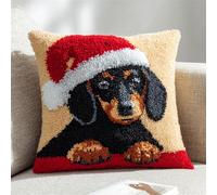 WallustrioaW Coussin Point de Croix Kit Coussin au Point Noué,Teckel portant un bonnet de Père Noël,Kit avec Crochet à Loquet for Adultes,Bricolage Coffret cadeau créatif,43x43cm