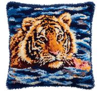 WallustrioaW Coussin Point de Croix Kit Coussin au Point Noué,Tigre dans l'eau,Kit avec Crochet à Loquet for Adultes,Bricolage Coffret cadeau créatif,43x43cm