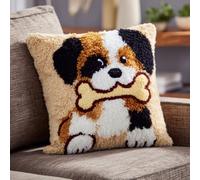 WallustrioaW Coussin Point de Croix Kit Coussin au Point Noué,Un chiot qui mange des os,Kit avec Crochet à Loquet for Adultes,Bricolage Coffret cadeau créatif,43x43cm