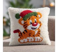 WallustrioaW Coussin Point de Croix Kit Coussin au Point Noué,Un petit tigre portant un bonnet de Père Noël,Kit avec Crochet à Loquet for Adultes,Bricolage Coffret cadeau créatif,43x43cm