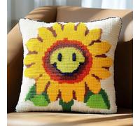 WallustrioaW fleurs de dessin animé DIY Coussin Point de Croix Pour Débutants,Tournesol souriant,Kit de coussin au point de croix estampé pour une décoration créative de la maison,45x45cm