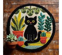 WallustrioaW Kit Complet de Crochet pour Tapis,Chat noir et plantes,DIY Broderie Kit Tapis Point Noué à Faire pour Débutants,Adultes ou Enfants,Latch Hook Canevas rug,50x50cm