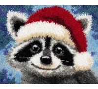 WallustrioaW Kit Complet de Crochet pour Tapis,Un adorable raton laveur à Noël,DIY Broderie Kit Tapis Point Noué à Faire pour Débutants,Adultes ou Enfants,Latch Hook Canevas rug,55x75cm