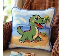 WallustrioaW Kit Coussin au Point Noué Animaux de dessin animé,mignon petit dinosaure,Tapis Point Noué Kit,Kits de Crochet de Verrouillage for Adultes Débutants Bricolage,43x43cm