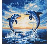 WallustrioaW Kit Coussin au Point Noué Animaux marins deux dauphins,Tapis Point Noué Kit,Kits de Crochet de Verrouillage for Adultes Débutants Bricolage,43x43cm