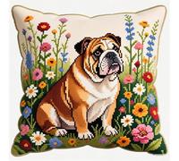 WallustrioaW Kit Coussin au Point Noué,Bouledogue dans les fleurs,Tapis Point Noué,Kits de Crochet de Verrouillage for Adultes Débutants Bricolage,43x43cm